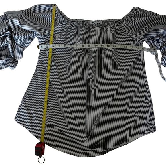 Kontrol contemporary striped blouse L puff sleeve black white off shoulder - Picture 5 of 8